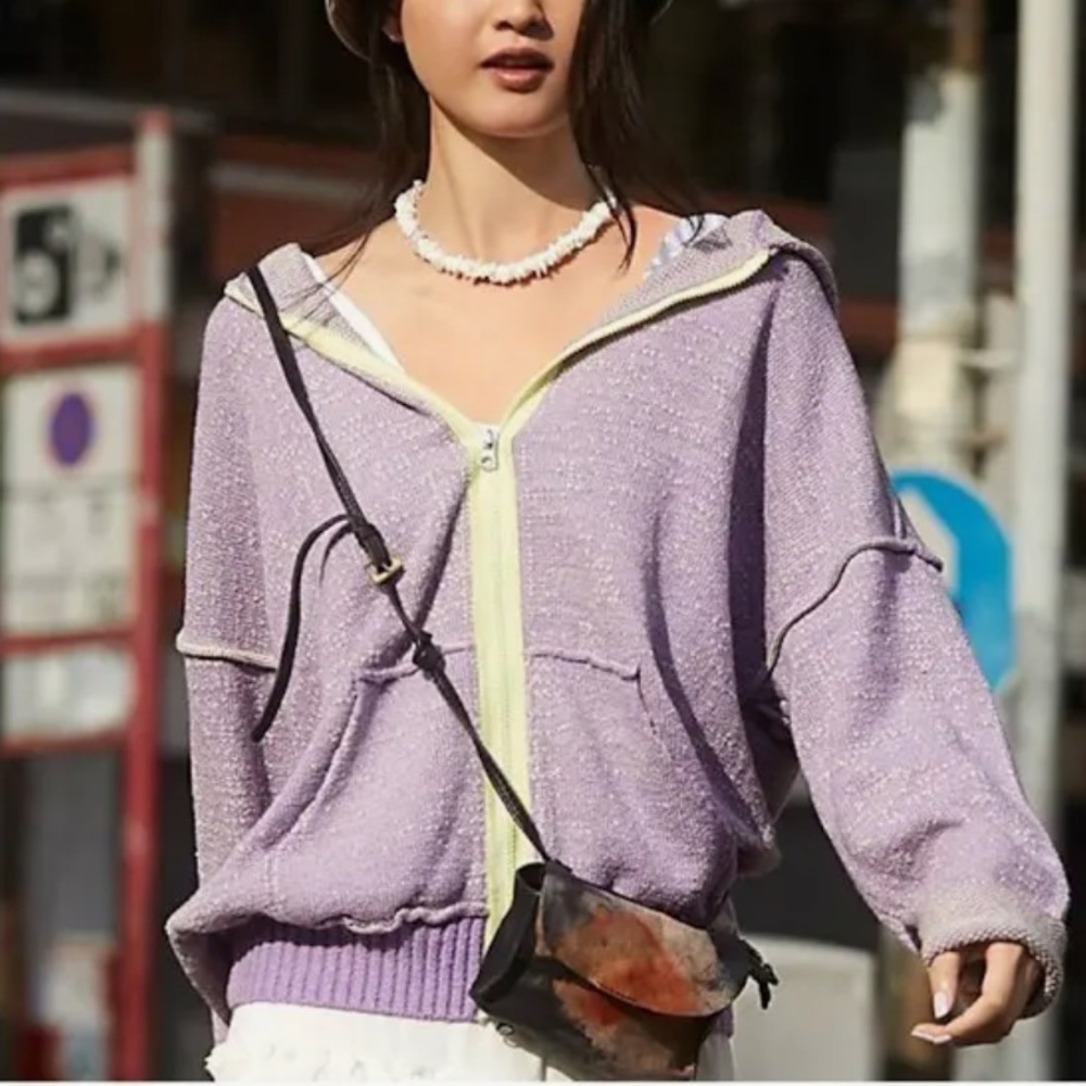 FREE PEOPLE In Bloom Sweater Full Zip Knit Purple Oversized Jacket Hoodie XS